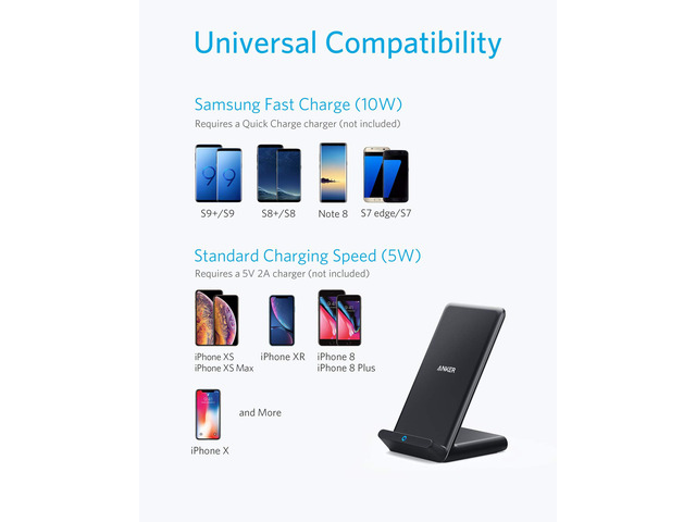 Anker Wireless Charger, PowerWave Stand, Qi-Certified for iPhone 11, 11 Pro, 11 Pro Max, XR, Xs Max, XS, X, 8, 8 Plus, 10W Fast-Charging Galaxy S10...