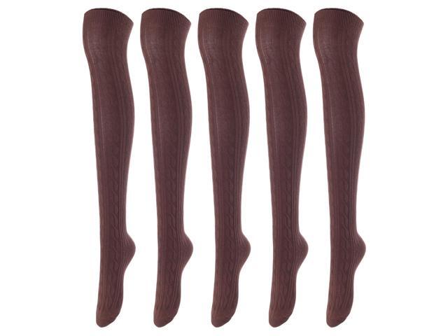 Lovely Annie Women's 5 Pairs Incredible Durable Super Soft Unique Over Knee High Thigh High Cotton Socks Size 6-9 A1024 (Coffee)