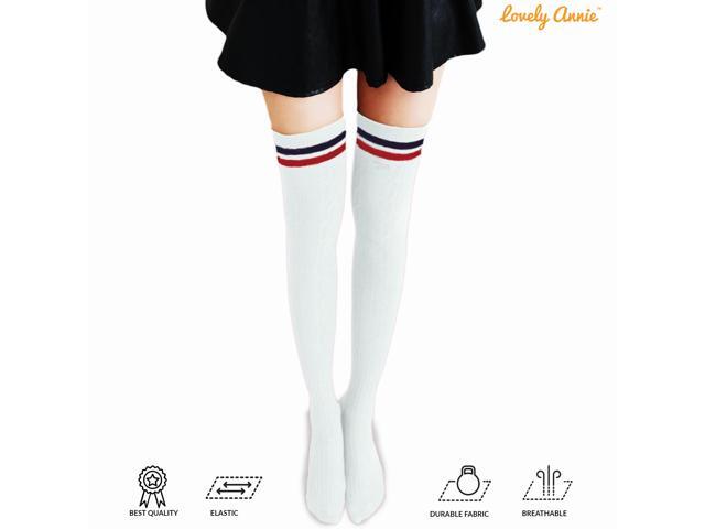 Lovely Annie Women's 3 Pairs Incredible Durable Super Soft Unique Over Knee High Thigh High Cotton Socks Size 6-9 A1023(White)
