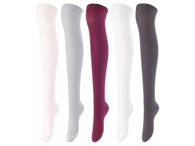 Lovely Annie Women's 5 Pairs Incredible Durable Super Soft Unique Over Knee High Thigh High Cotton Socks Size 6-9 A1024(Beige,LG,Wine,Cream,DG)