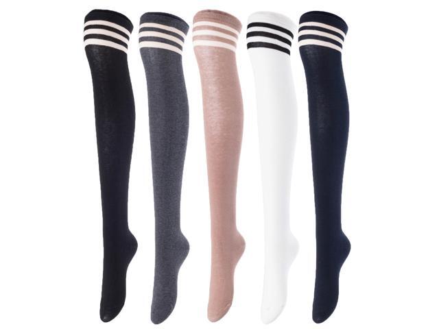 Lovely Annie Women's 5 Pairs Incredible Durable Super Soft Unique Over Knee High Thigh High Cotton Socks Size 6-9 A1022(Black,DG,Khaki,White,Navy)