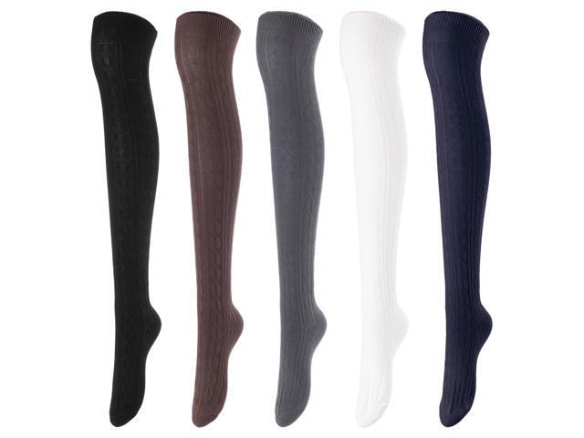 Lovely Annie Women's 5 Pairs Incredible Durable Super Soft Unique Over Knee High Thigh High Cotton Socks Size 6-9 A1024(Black,Coffee,DG,Cream,Navy)