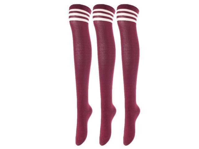 Lovely Annie Women's 3 Pairs Incredible Durable Super Soft Unique Over Knee High Thigh High Cotton Socks Size 6-9 A1022(Wine)