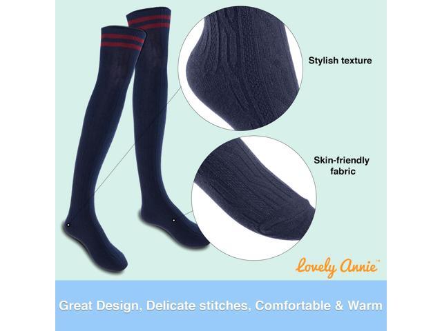 Lovely Annie Women's 5 Pairs Incredible Durable Super Soft Unique Over Knee High Thigh High Cotton Socks Size 6-9 A1023(Navy)