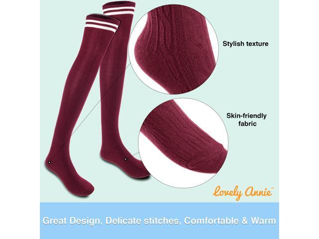 Lovely Annie Big Girl's Women's 3 Pairs Incredible Durable Super Soft Unique Over Knee High Thigh High Cotton Socks Size 6-9 A1023(Wine)