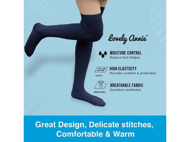 Lovely Annie Women's 3 Pairs Incredible Durable Super Soft Unique Over Knee High Thigh High Cotton Socks Size 6-9 A1024(Navy)