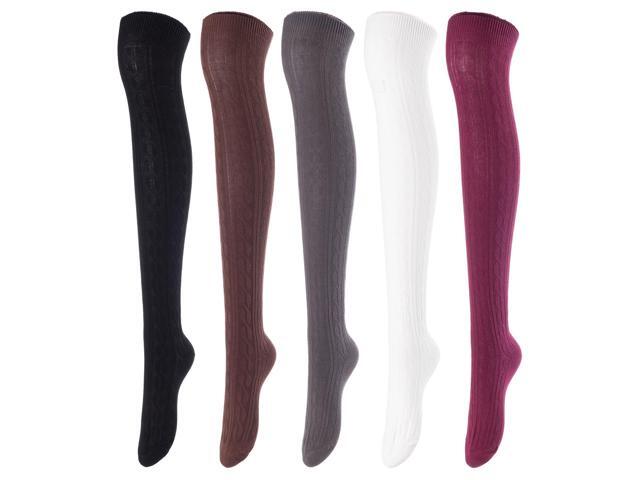 Lovely Annie Women's 5 Pairs Incredible Durable Super Soft Unique Over Knee High Thigh High Cotton Socks Size 6-9 A1024(Black,Coffee,DG,Cream,Wine)