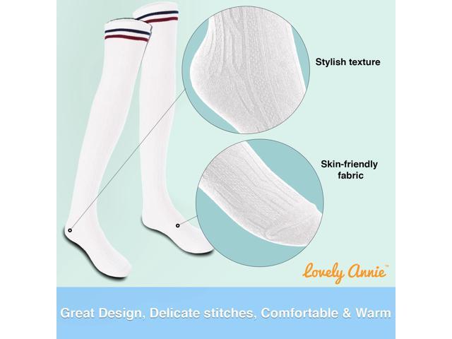 Lovely Annie Women's 3 Pairs Incredible Durable Super Soft Unique Over Knee High Thigh High Cotton Socks Size 6-9 A1023(White)