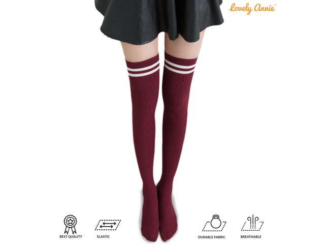 Lovely Annie Big Girl's Women's 3 Pairs Incredible Durable Super Soft Unique Over Knee High Thigh High Cotton Socks Size 6-9 A1023(Wine)
