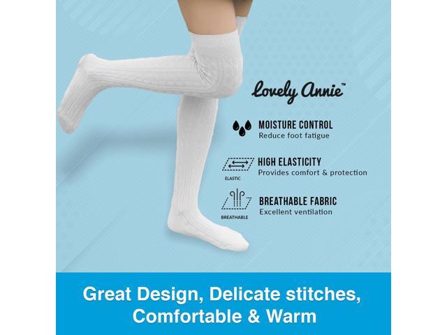 Lovely Annie Women's 5 Pairs Incredible Durable Super Soft Unique Over Knee High Thigh High Cotton Socks Size 6-9 A1024(Cream)