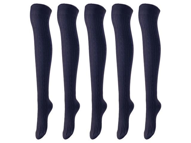 Lovely Annie Women's 5 Pairs Incredible Durable Super Soft Unique Over Knee High Thigh High Cotton Socks Size 6-9 A1024 (Navy)
