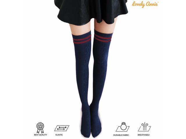 Lovely Annie Big Girl's Women's 3 Pairs Incredible Durable Super Soft Unique Over Knee High Thigh High Cotton Socks Size 6-9 A1023(Navy)