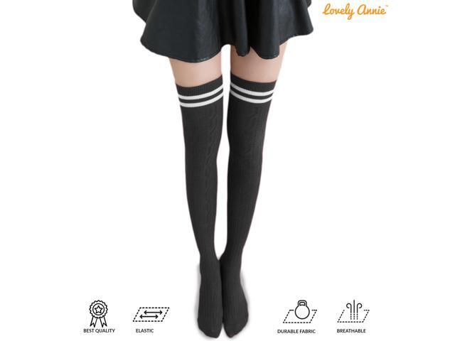 Lovely Annie Women's 5 Pairs Incredible Durable Super Soft Unique Over Knee High Thigh High Cotton Socks Size 6-9 A1023(Black)
