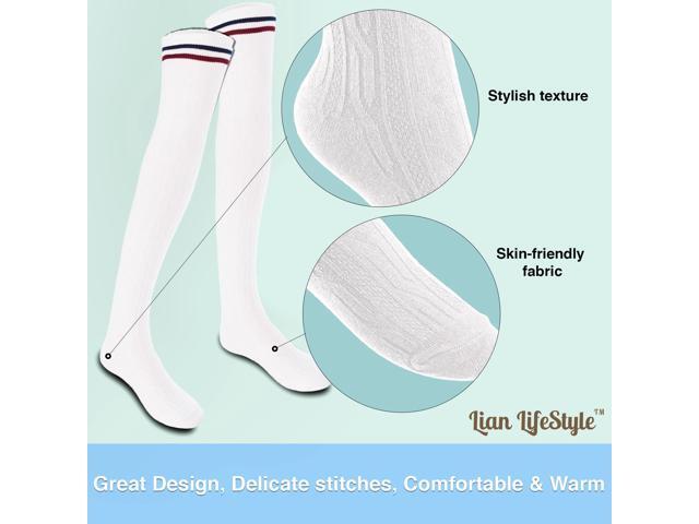 Lian LifeStyle Women's 5 Pairs Adorable Comfortable Soft Thigh High Over Knee High Cotton Socks Size 6-9 L1023(White)