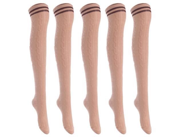 Lian LifeStyle Exquisite Big Girl's Women's 5 Pairs Thigh High Cotton Socks. Super Comfortable Female Socks in Vibrant Colors Size 6-9 L1023(Khaki)