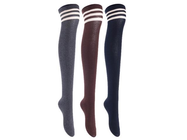 Lian LifeStyle Exquisite Big Girl's Women's 3 Pairs Super Comfortable Thigh High Cotton Socks in Vibrant Unique Colors Size 6-9 L1022(DG,Cofe,Navy)