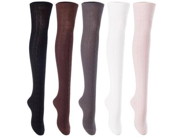 Lian LifeStyle Women's 5 Pairs Adorable Comfortable Soft Thigh High Over Knee High Cotton Socks Size 6-9 L1024(Blak,Coffee,DG,Cream,Beige)