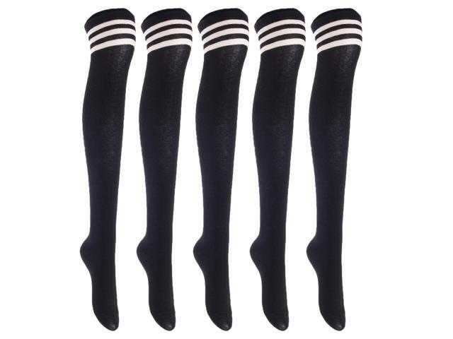 Lian LifeStyle Exquisite Big Girl's Women's 5 Pairs Super Comfortable Thigh High Cotton Socks in Vibrant Unique Colors Size 6-9 L1022(Black)