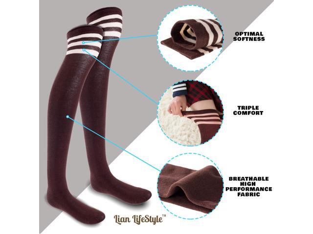 Lian LifeStyle Women's 3 Pairs Adorable Comfortable Soft Thigh High Over Knee High Cotton Socks Size 6-9 L1022(Coffee)