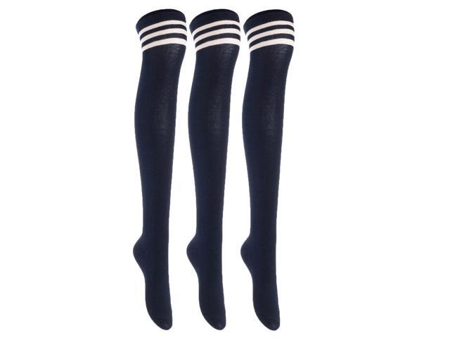 Lian LifeStyle Exquisite Big Girl's Women's 3 Pairs Super Comfortable Thigh High Cotton Socks in Vibrant Unique Colors Size 6-9 L1022(Navy)