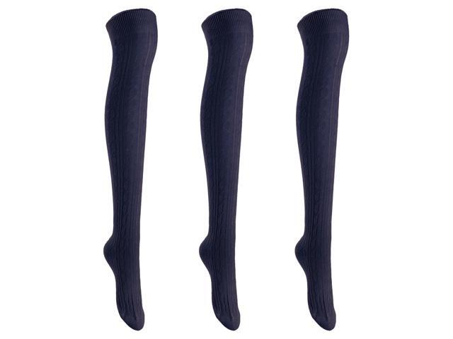 Lian LifeStyle Women's 3 Pairs Adorable Comfortable Soft Thigh High Over Knee High Cotton Socks Size 6-9 L1024(Navy)
