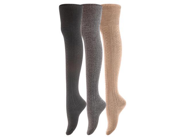 Meso Big Girl's Women's 3 Pairs Awesome Thigh High Cotton Socks, Comfortable, Soft and Super Durable Size 6-9 M1025-05 (Khaki, Dark Grey, Black)