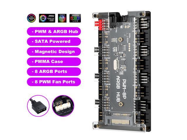 2-in-1 PWM & ARGB Controller Hub 8 Ports 12V 4Pin Fan & 5V 3Pin AURA Wireless IR Remote Adapter with PMMA Case and Magnetic Standoff for Cooling...