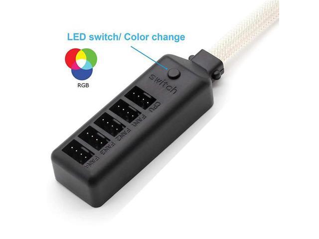 PWM Fan Hub w/ LED RGB Colorful Switch,1 to 5 Sleeved PWM Fan Splitter Hub Adapter Cable for 12V Desktop Computer Cooler Case Fans 4-Pin & 3-Pin -...