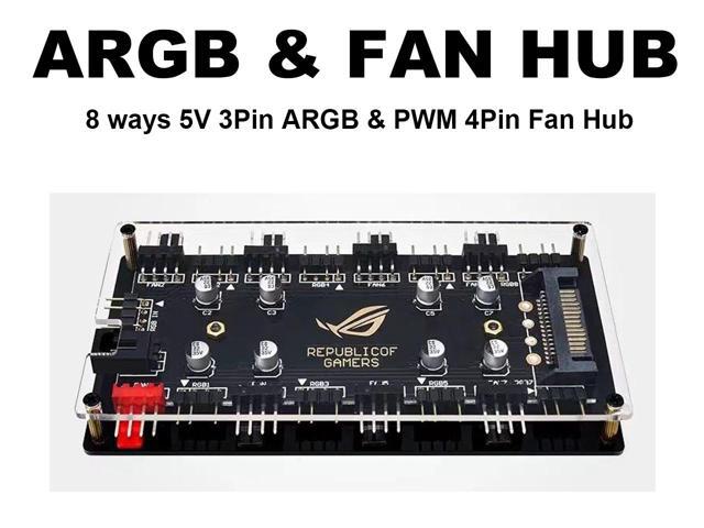 4Pin PWM Hub & 5V 3Pin ARGB with SATA Power 2-in-1 8 Way Sync CPU Cooling Fan Addressable RGB Lighting PCB Splitter for Extended Motherboard...