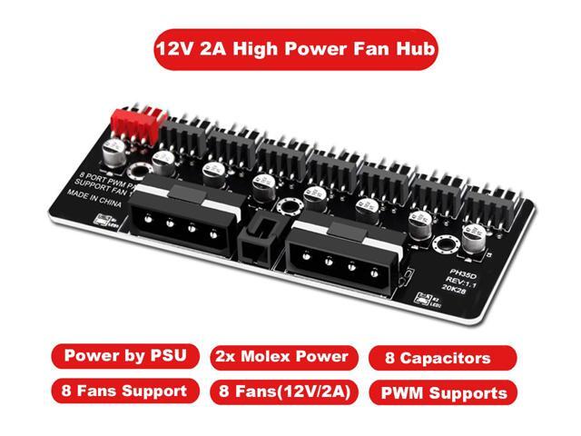 8 Ports 12V/2A High Power Chassis Fan Hub,4 Pin PWM CPU Cooler / Case / Chasis Cooling Fan Power Cable Splitter Adapter w/Self-sticker,Power by...