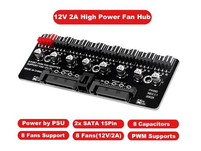 8 Ports 12V/2A High Power Chassis Fan Hub,4 Pin PWM CPU Cooler / Case / Chasis Cooling Fan Power Cable Splitter Adapter w/Self-sticker,Power by...