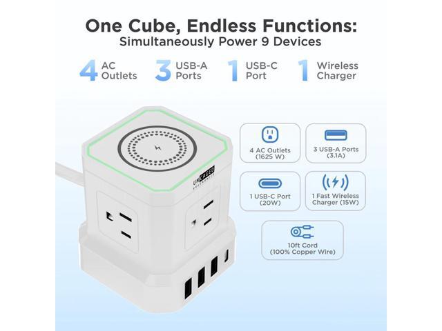 Wireless Charger Cube Power Strip with USB Ports, Power Strips with Surge Protection, 10ft Extension Cord with Multiple Outlets, 4 AC Plugs + 3 USB...