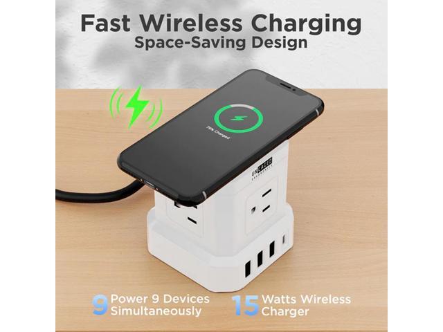 Wireless Charger Cube Power Strip with USB Ports, Power Strips with Surge Protection, 10ft Extension Cord with Multiple Outlets, 4 AC Plugs + 3 USB...