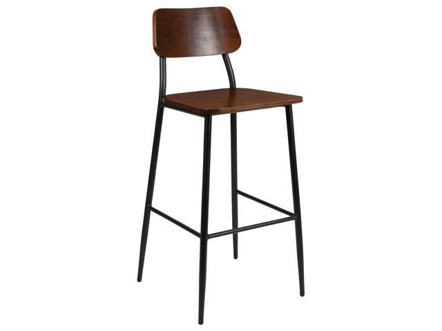 Industrial Barstool with Gunmetal Steel Frame and Rustic Wood Seat