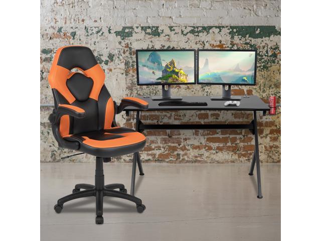 Black Gaming Desk and Orange/Black Racing Chair Set with Cup Holder, Headphone Hook & 2 Wire Management Holes