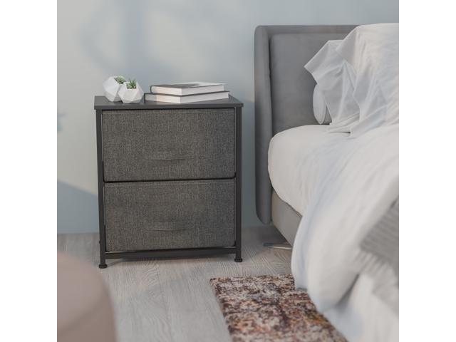 2 Drawer Wood Top Black Nightstand Storage Organizer with Cast Iron Frame and Dark Gray Easy Pull Fabric Drawers