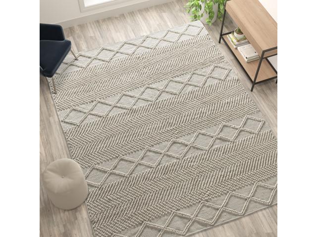 8' x 10' White & Ivory Geometric Design Handwoven Area Rug - Wool/Polyester/Cotton Blend