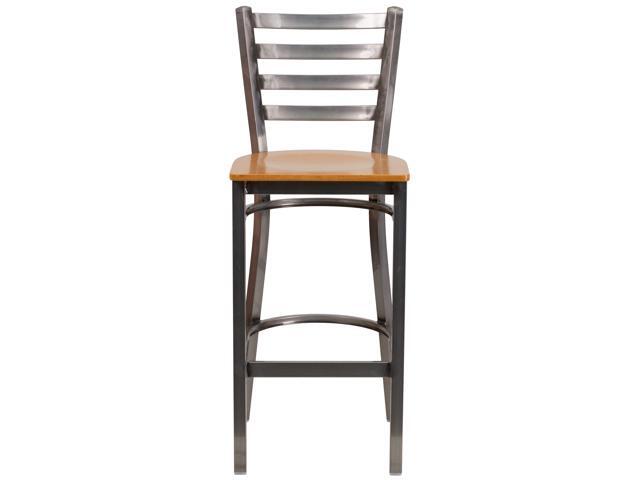 Flash Furniture Hercules Series Clear Coated Ladder Back Metal Restaurant Barstool with Wood Seat, Natural
