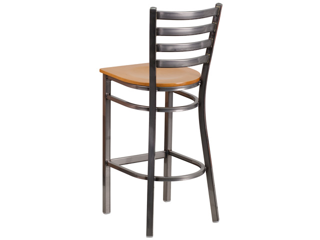 Flash Furniture Hercules Series Clear Coated Ladder Back Metal Restaurant Barstool with Wood Seat, Natural