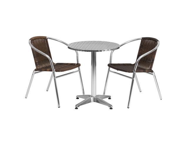 Photos - Garden Furniture Flash Furniture 23.5" Round Aluminum Indoor-Outdoor Table Set with 2 Dark Brown Rattan Cha 