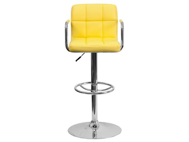 Flash Furniture Contemporary Yellow Quilted Vinyl Adjustable Height Bar Stool with Arms and Chrome Base