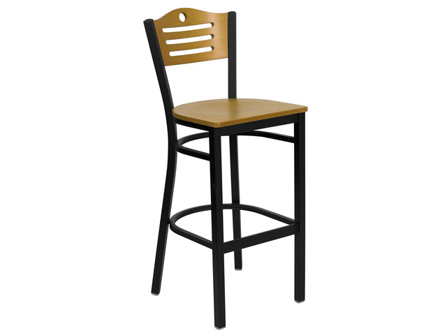HERCULES Series Black Slat Back Metal Restaurant Barstool - Natural Wood Back & Seat