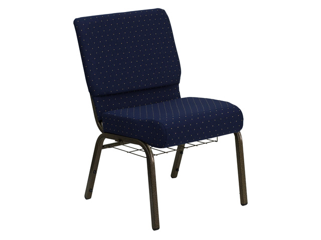HERCULES Series 21''W Church Chair in Navy Blue Dot Patterned Fabric with Book Rack - Gold Vein Frame