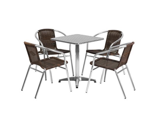 Photos - Garden Furniture Flash Furniture 23.5" Square Aluminum Indoor-Outdoor Table Set with 4 Dark Brown Rattan Ch 