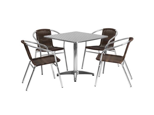 Photos - Garden Furniture Flash Furniture 31.5" Square Aluminum Indoor-Outdoor Table Set with 4 Dark Brown Rattan Ch 