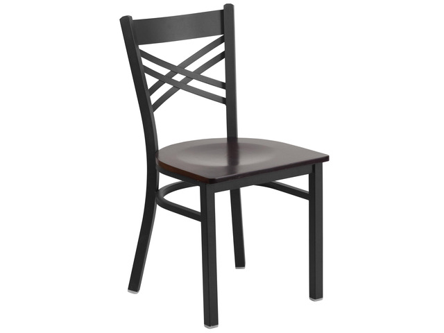 HERCULES Series Black ''X'' Back Metal Restaurant Chair - Walnut Wood Seat