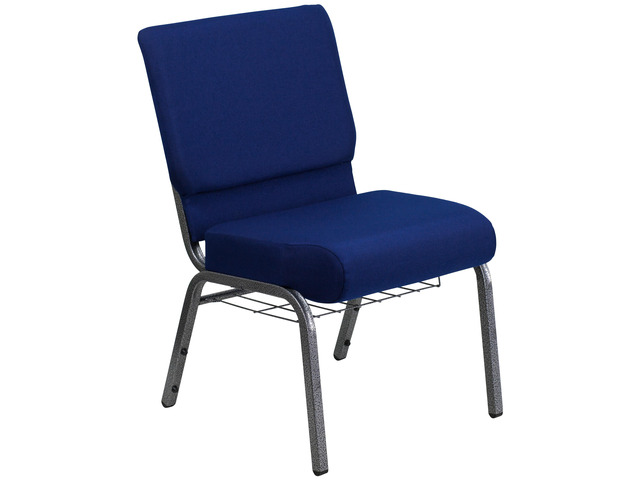 HERCULES Series 21''W Church Chair in Navy Blue Fabric with Cup Book Rack - Silver Vein Frame