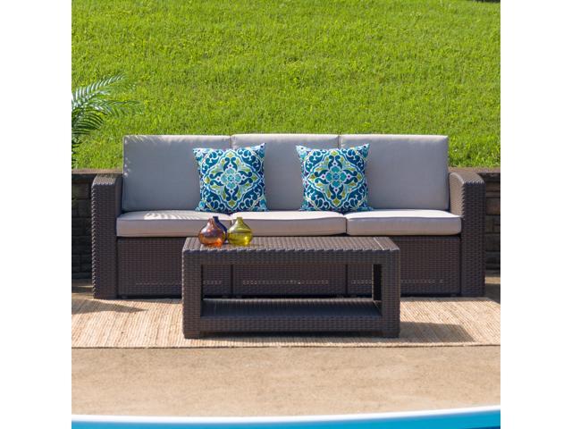 Photos - Garden Furniture Flash Furniture Chocolate Brown Faux Rattan Sofa with All-Weather Beige Cushions DAD-SF1-3 