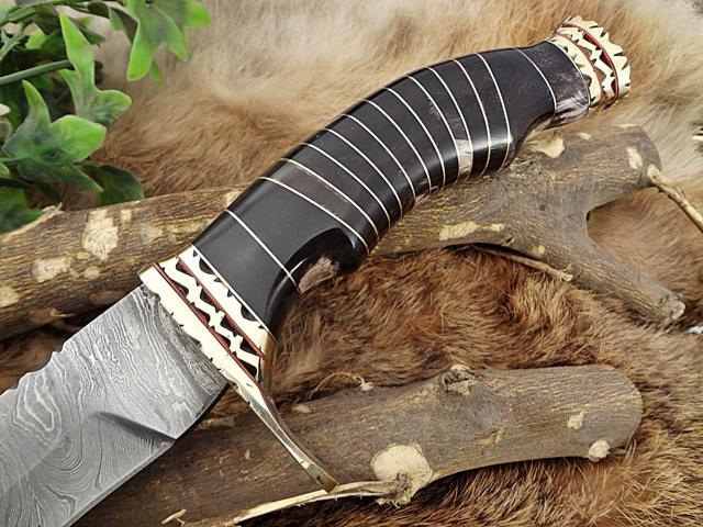 Damascus Steel Kukri Knife 15 Inches custom made Hand Forged With 10' long blade, Bull horn scale with engraved brass finger guard, Cow Leather...