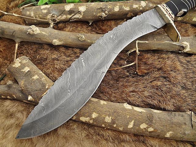 Damascus Steel Kukri Knife 15 Inches custom made Hand Forged With 10' long blade, Bull horn scale with engraved brass finger guard, Cow Leather...
